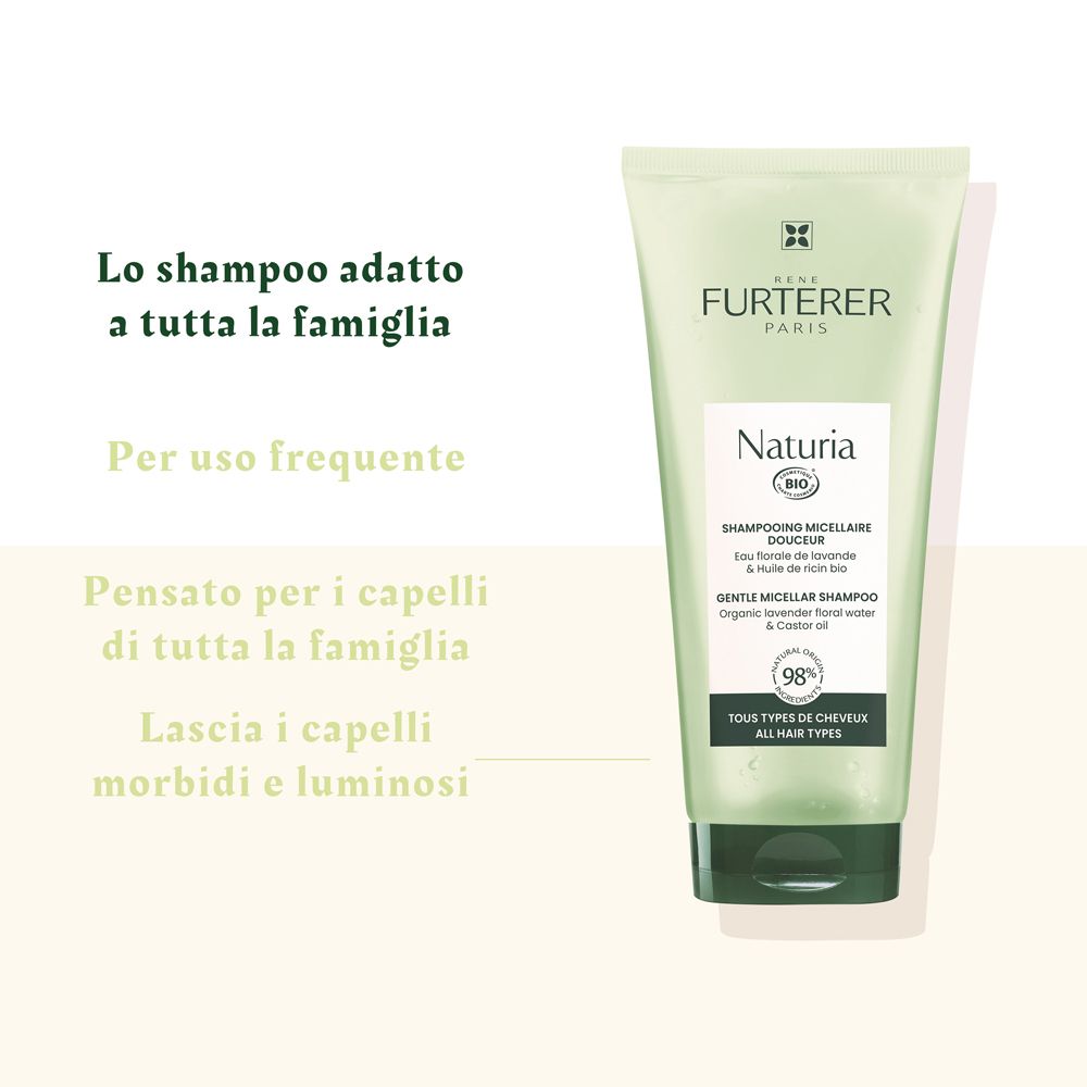 Tubo verde con testo. Testo: Per tutta la famiglia, per uso frequente, lascia i capelli morbidi e luminosi.