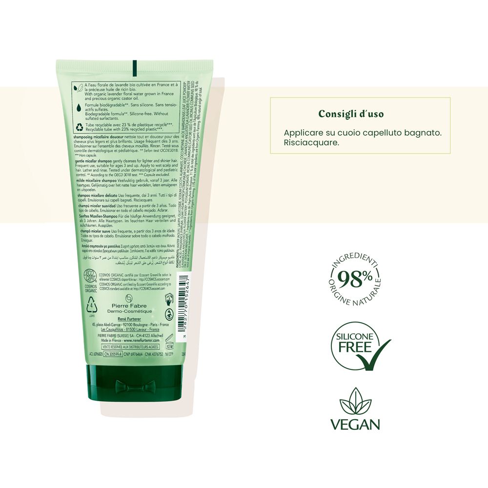 Retro del tubo verde. Testo: Consigli d'uso, ingredienti, 98% origine naturale, senza silicone, vegano.
