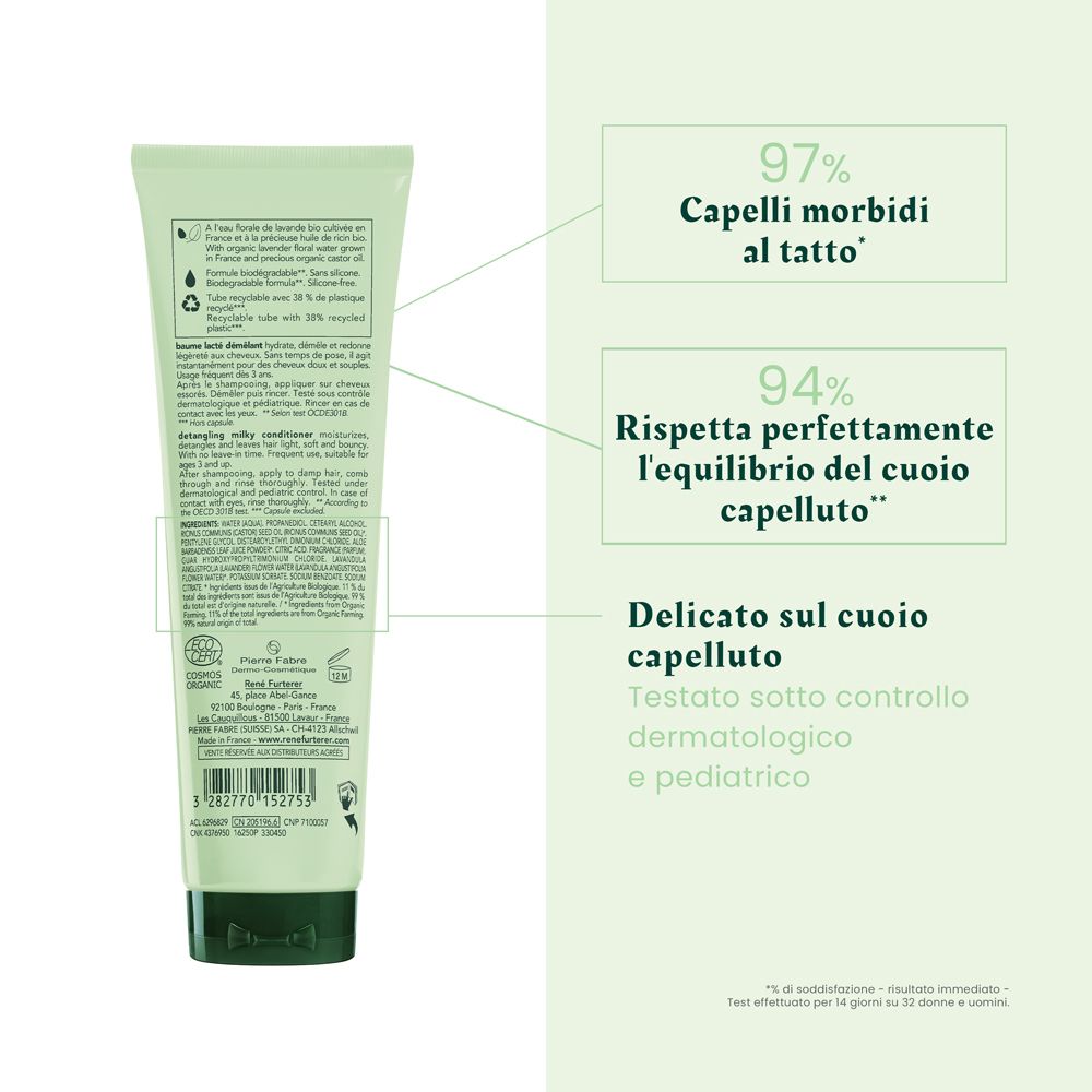 Retro del tubo verde. Testo: 97% capelli morbidi. 94% equilibrio del cuoio capelluto. Testato dermatologicamente.