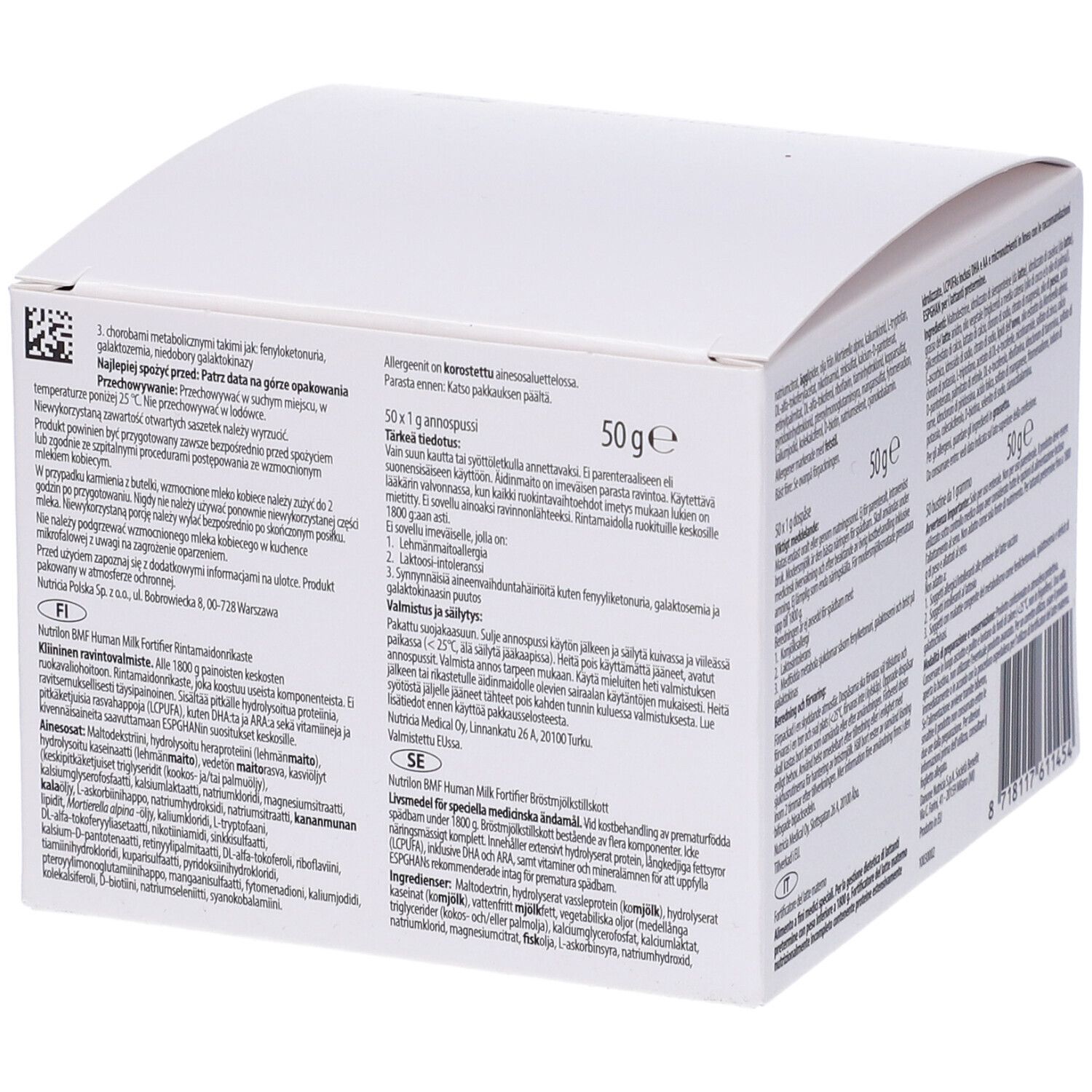 Confezione in cartone bianco con testo e indicazione 50g. Scritte in più lingue. Informazioni sul retro.