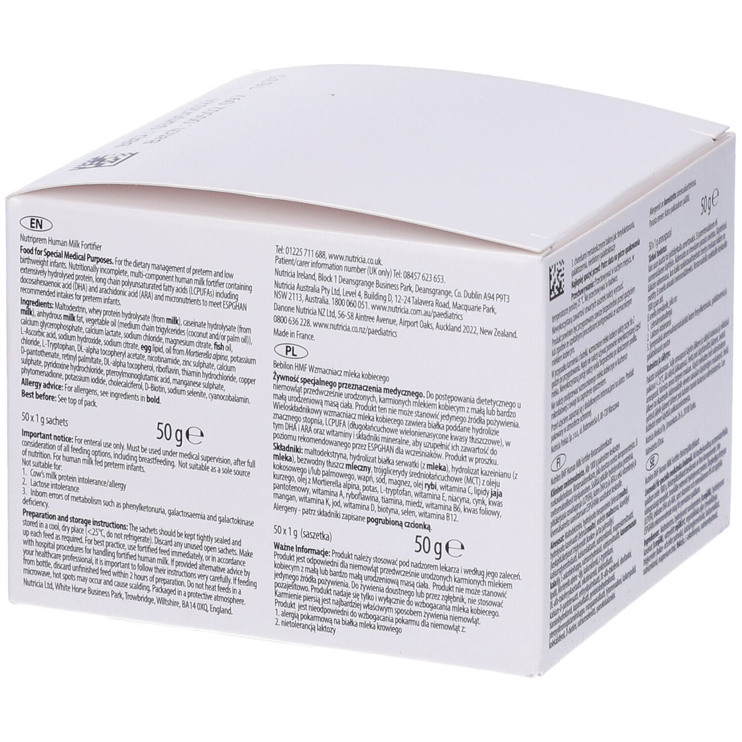 Confezione in cartone bianco con testo e indicazione 50g. Scritte in più lingue. Informazioni sul retro.