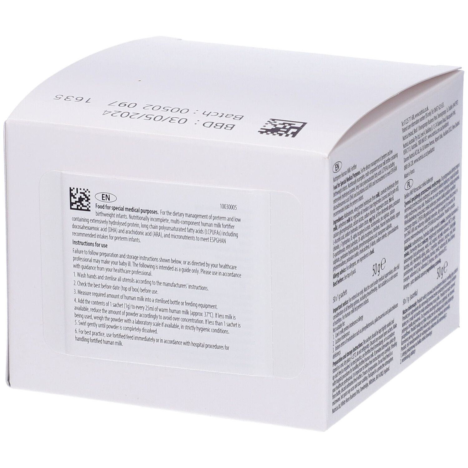 Confezione in cartone bianco con testo e indicazione 50g. Scritte in più lingue. Informazioni sul retro.
