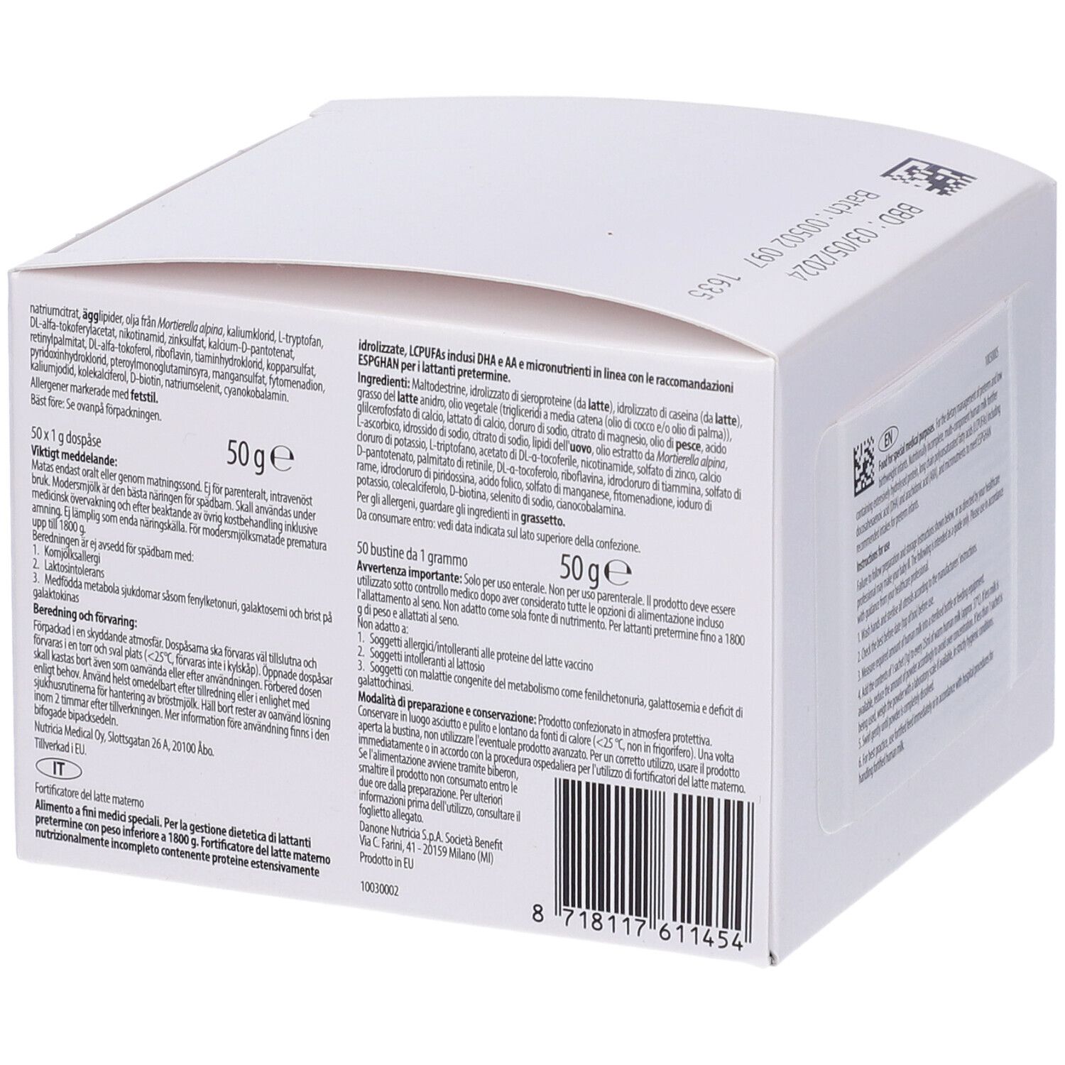 Confezione in cartone bianco con testo e indicazione 50g. Scritte in più lingue. Informazioni sul retro.