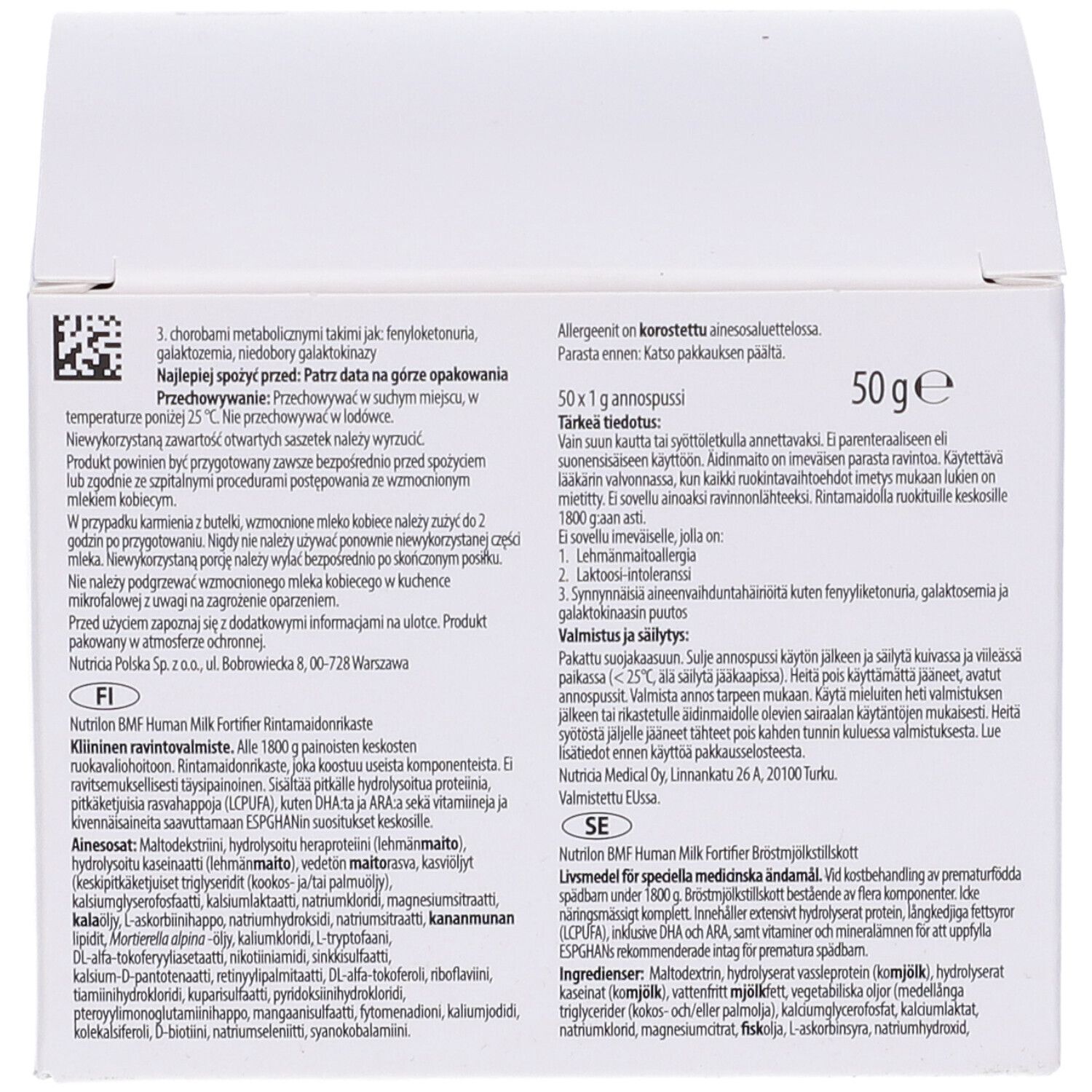 Confezione in cartone bianco con testo e indicazione 50g. Scritte in più lingue. Informazioni sul retro.