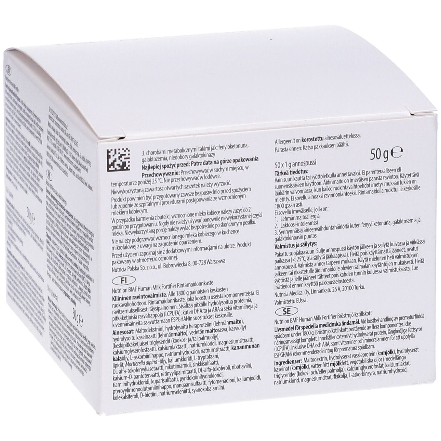 Confezione in cartone bianco con testo e indicazione 50g. Scritte in più lingue. Informazioni sul retro.