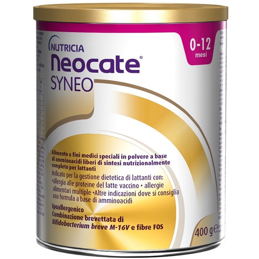 Lattina Neocate Syneo, 0-12 mesi. Coperchio dorato, fascia rosa, informazioni e logo del prodotto.