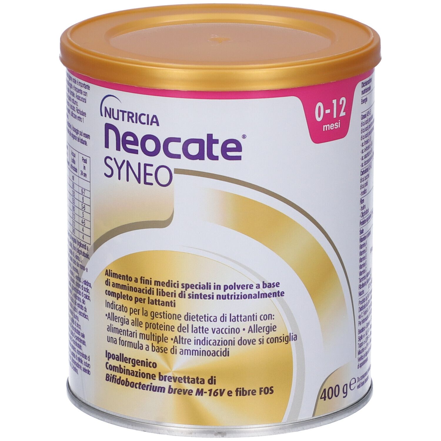 Lattina Neocate Syneo, 0-12 mesi. Coperchio dorato, fascia rosa, informazioni e logo del prodotto.