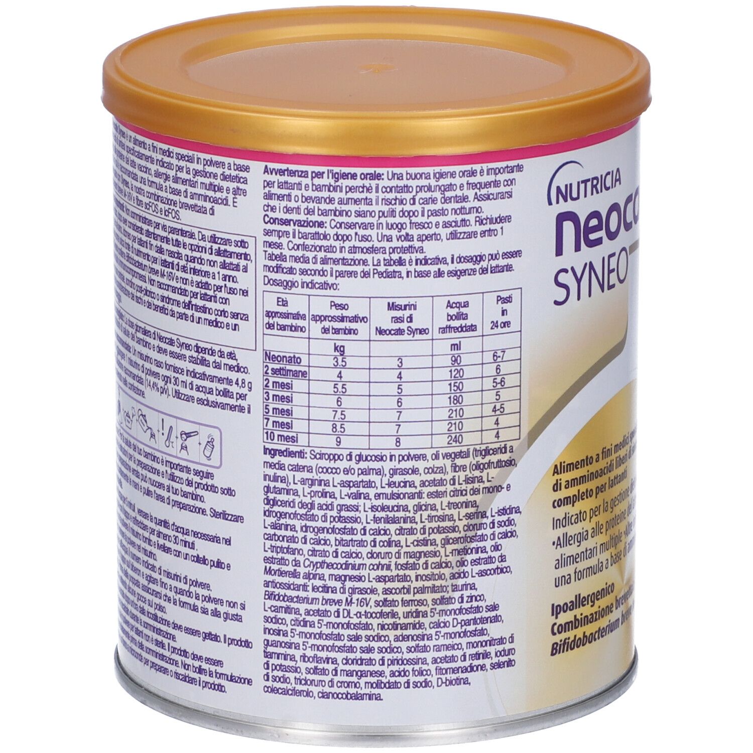 Retro della lattina Neocate Syneo. Coperchio dorato, fascia rosa, testo con informazioni nutrizionali e preparazione.