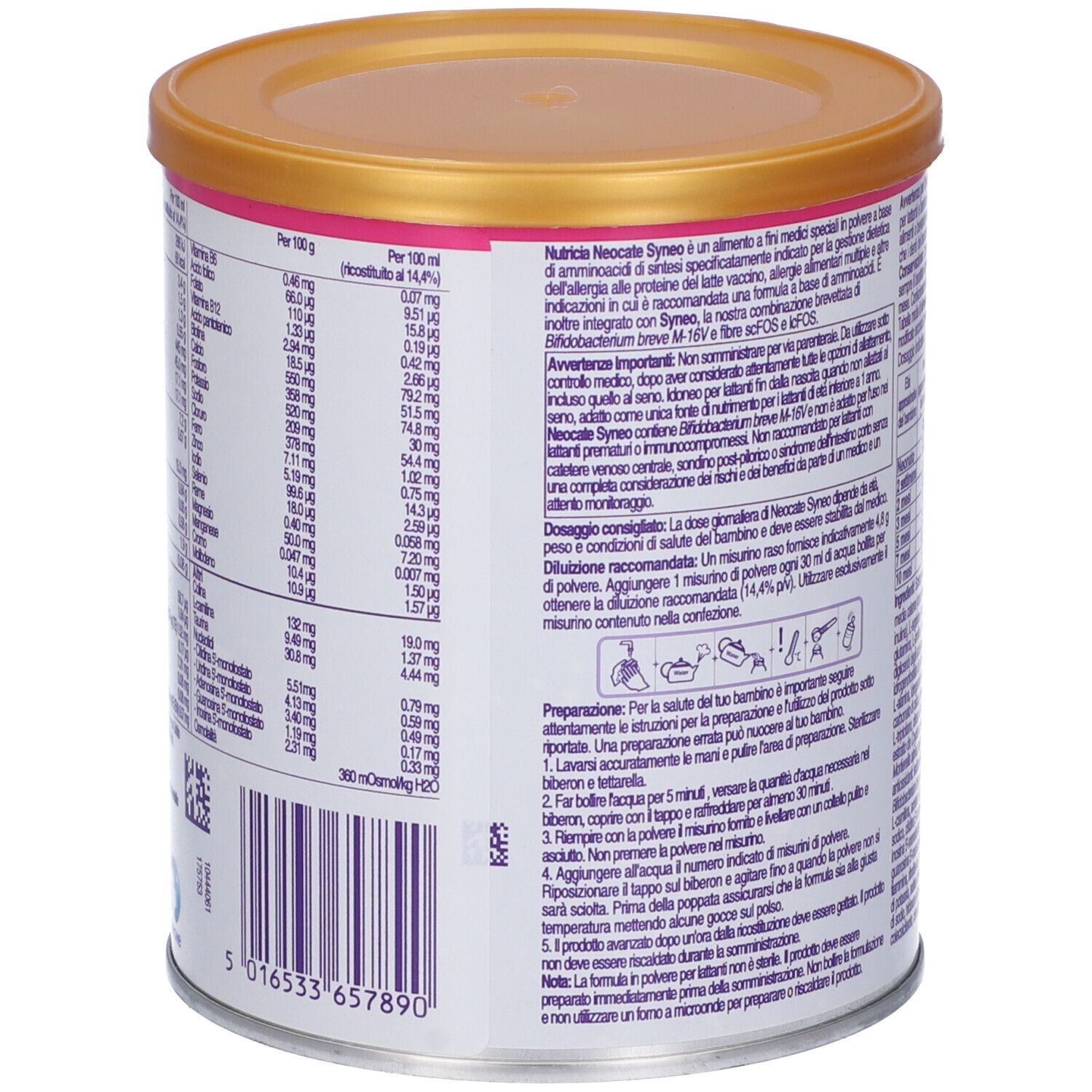 Retro della lattina Neocate Syneo. Coperchio dorato, fascia rosa, testo con informazioni nutrizionali e preparazione.