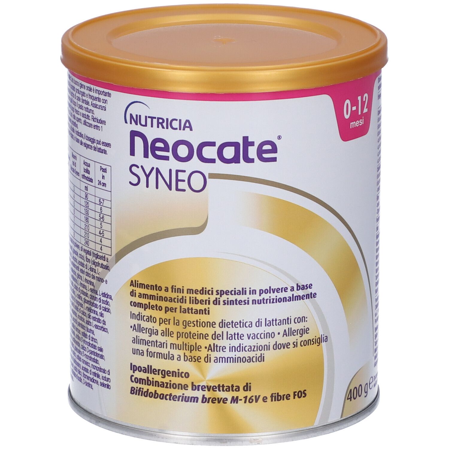 Lattina Neocate Syneo, 0-12 mesi. Coperchio dorato, fascia rosa, informazioni e logo del prodotto.