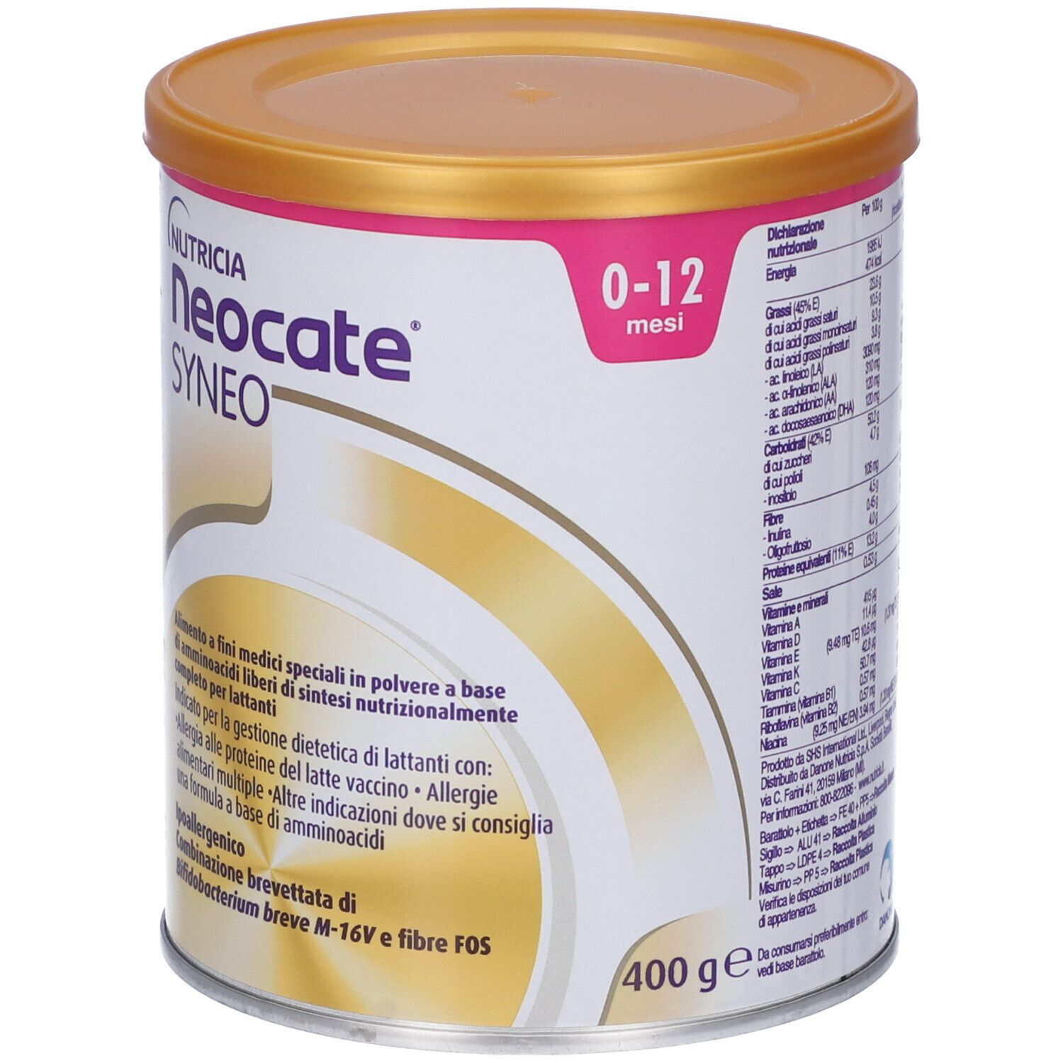 Lattina Neocate Syneo, 0-12 mesi. Coperchio dorato, fascia rosa, informazioni e logo del prodotto.