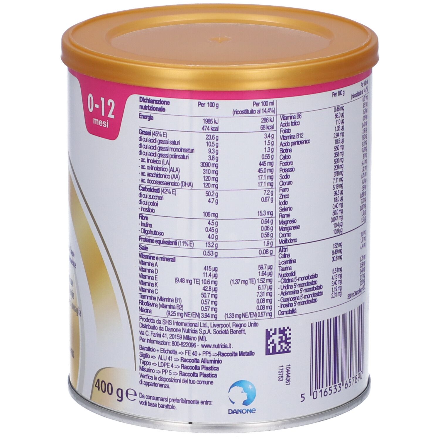 Retro della lattina Neocate Syneo. Coperchio dorato, fascia rosa, testo con informazioni nutrizionali.