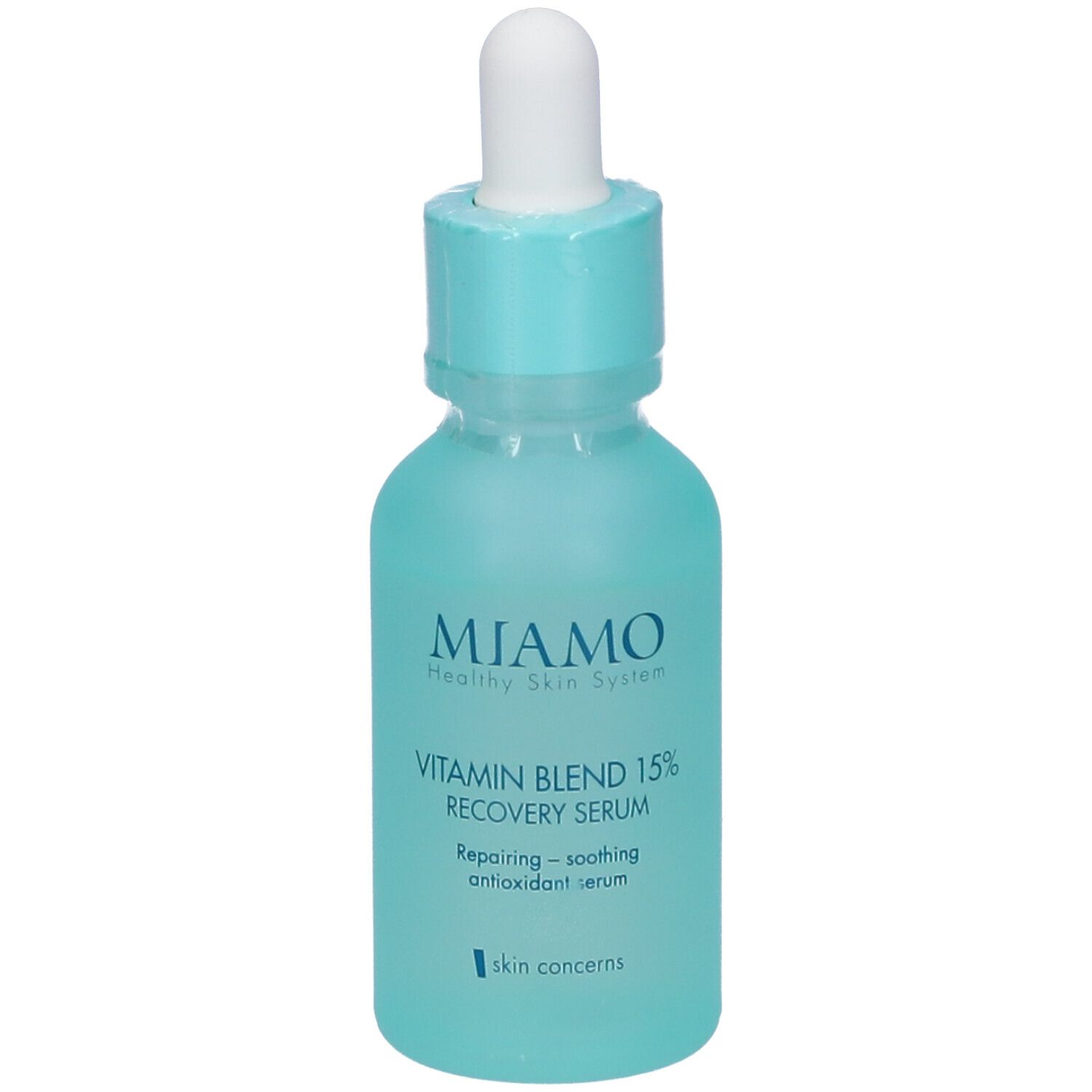 Siero Miamo Vitamin Blend 15% Recovery. Flacone turchese con contagocce. Nome e dettagli del prodotto sull'etichetta.