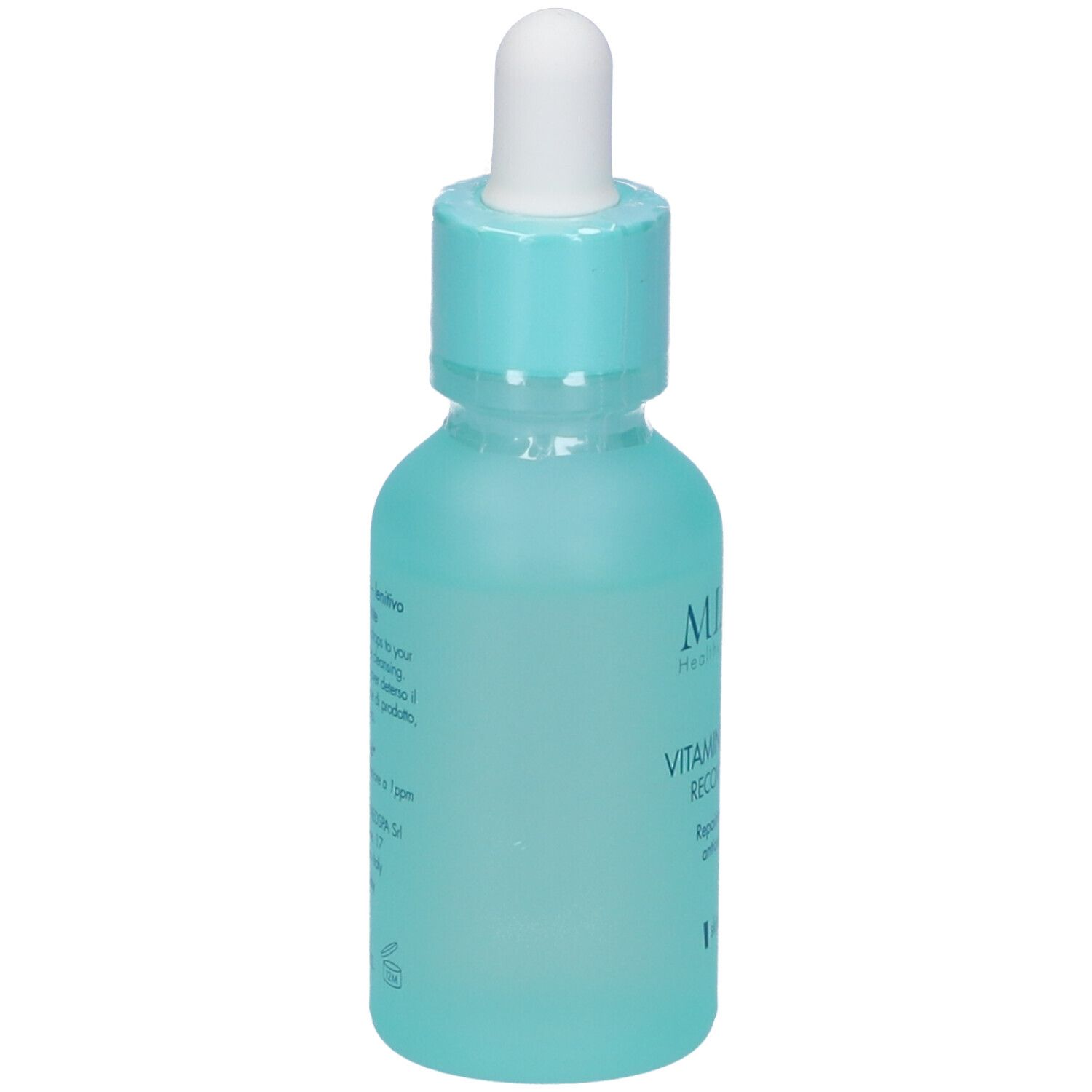 Siero Miamo Vitamin Blend 15% Recovery. Vista posteriore del flacone turchese con contagocce. Testo sull'etichetta.
