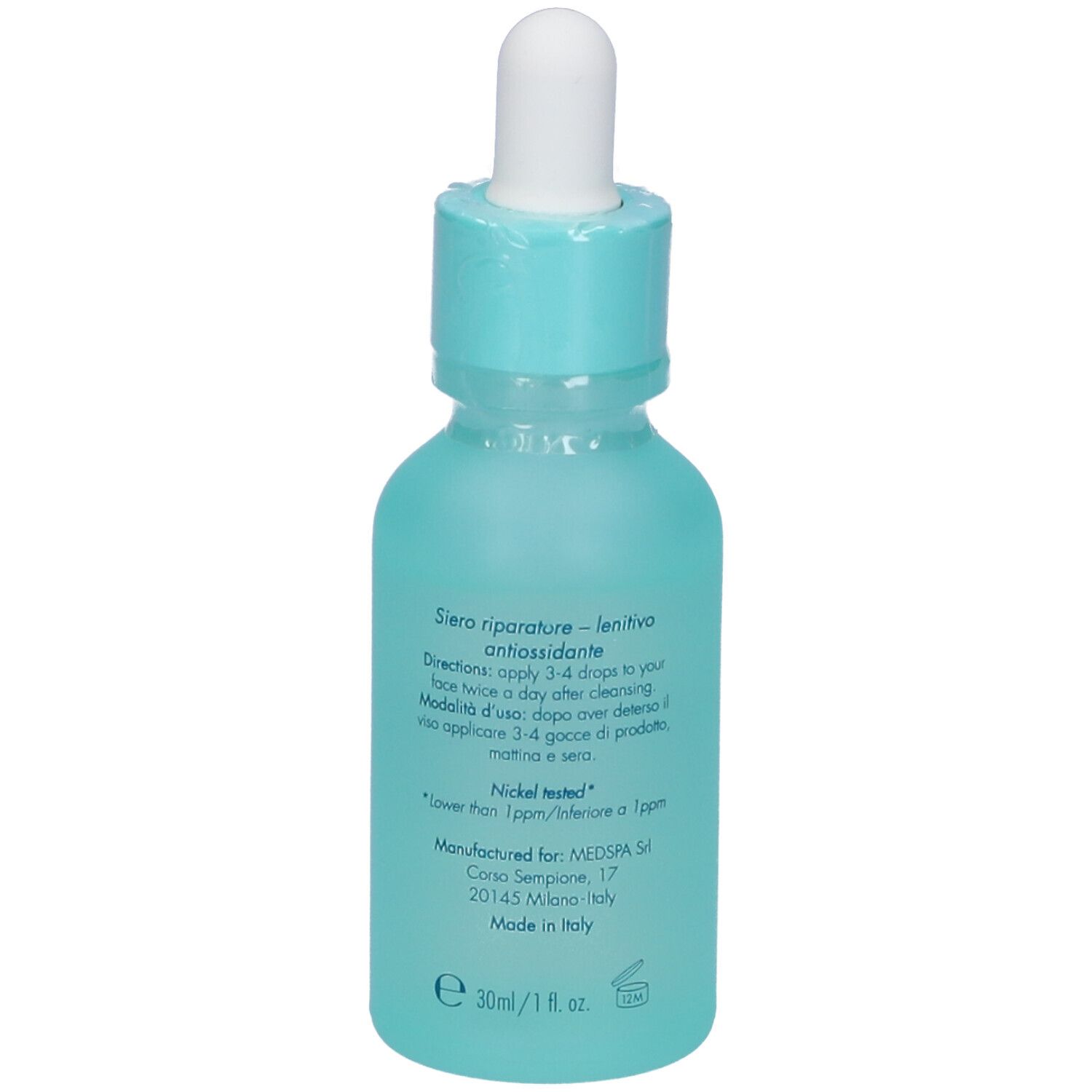 Siero Miamo Vitamin Blend 15% Recovery. Flacone turchese con contagocce. Testo con istruzioni e ingredienti.
