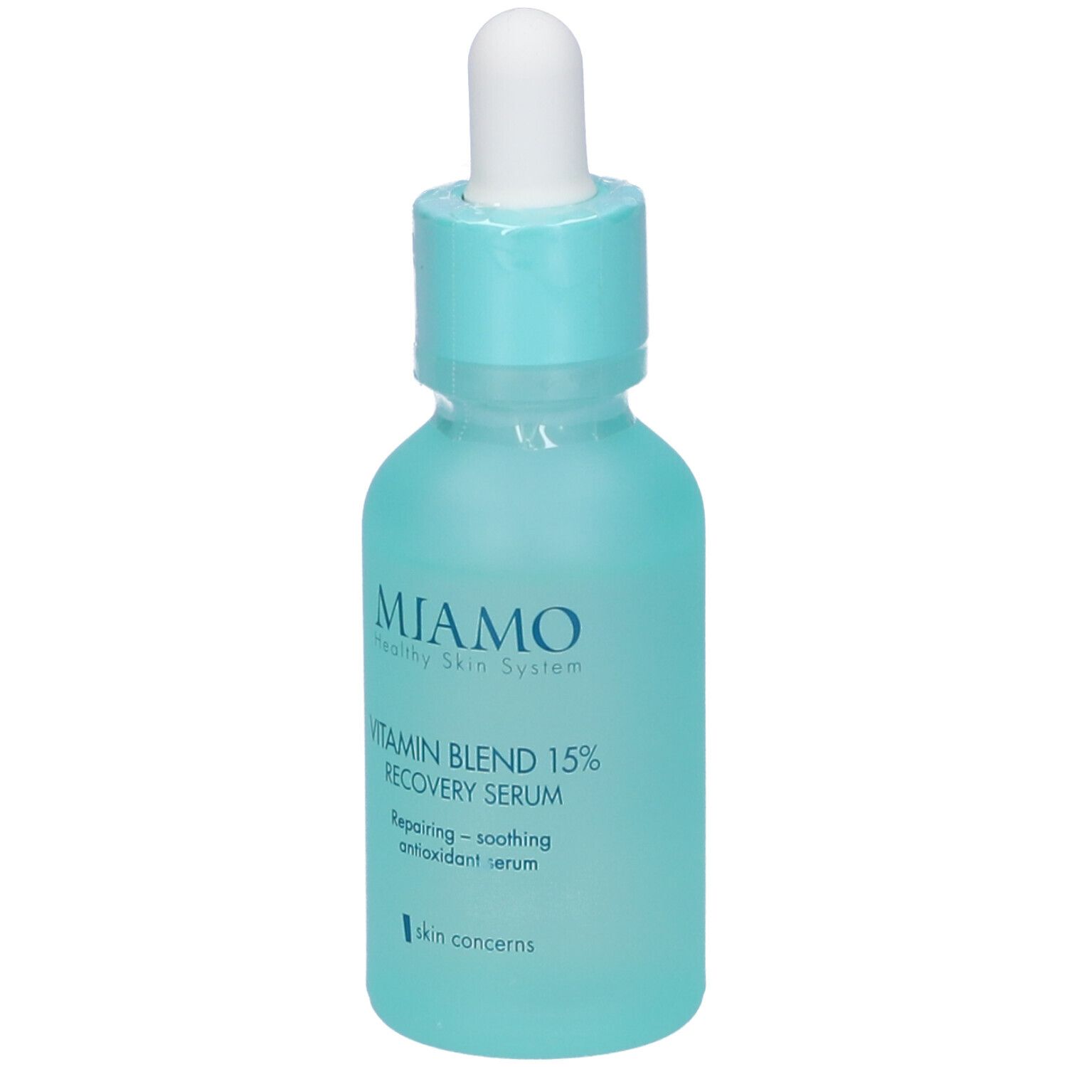 Siero Miamo Vitamin Blend 15% Recovery. Flacone turchese con contagocce. Nome e dettagli del prodotto sull'etichetta.