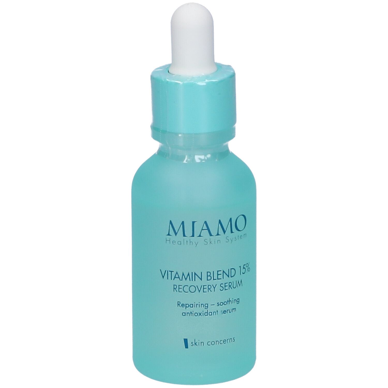 Siero Miamo Vitamin Blend 15% Recovery. Flacone turchese con contagocce. Nome e dettagli del prodotto sull'etichetta.