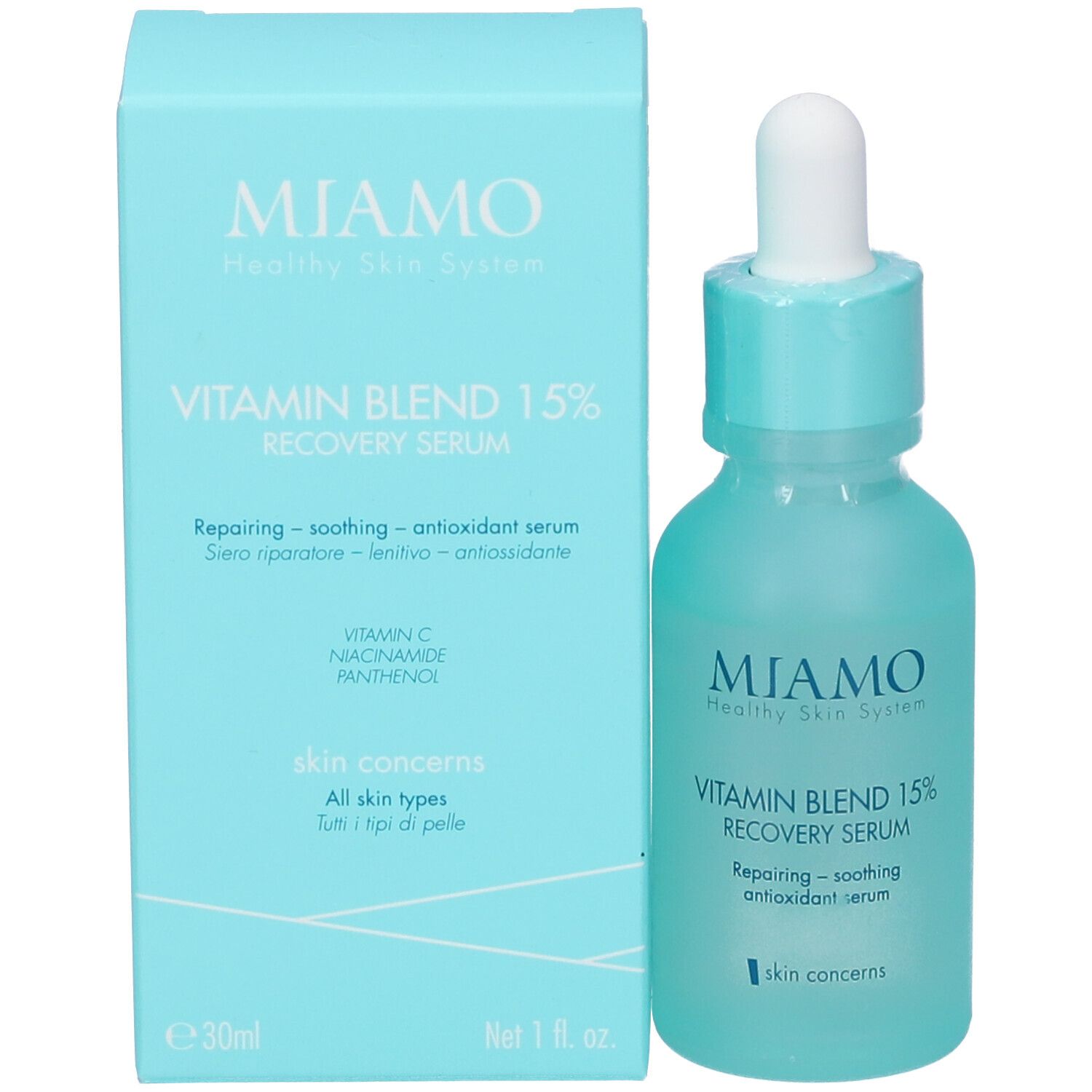 Siero Miamo Vitamin Blend 15% Recovery e confezione. Flacone turchese con contagocce e scatola.