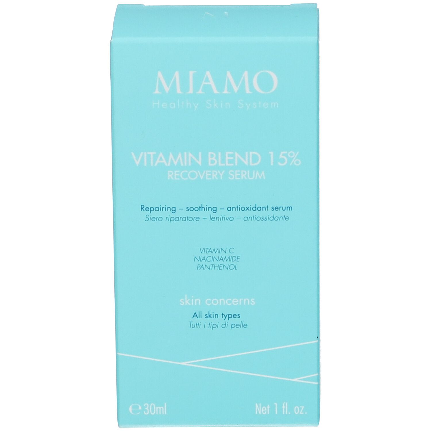Confezione del siero Miamo Vitamin Blend 15% Recovery. Scatola turchese con informazioni sul prodotto.