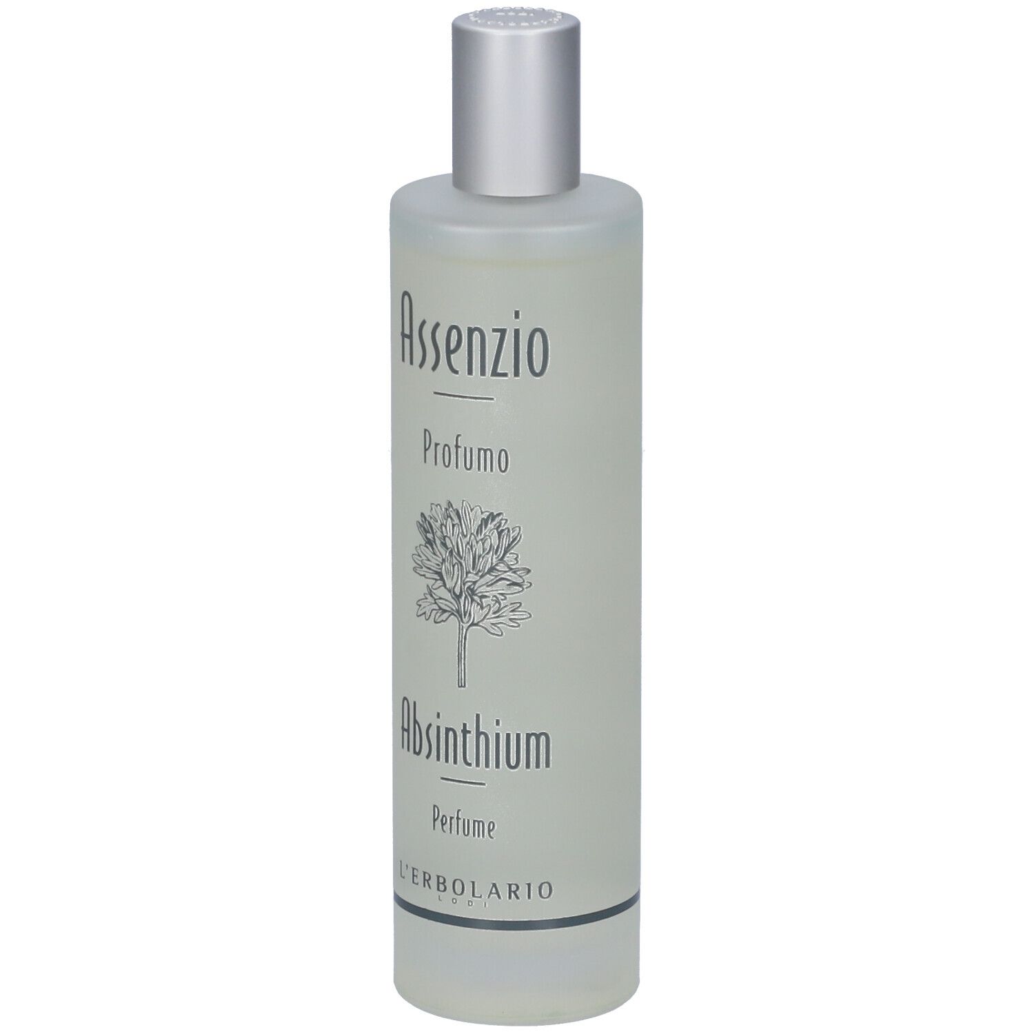Eine Flasche Assenzio Profumo Absinthium Parfum mit silbernem Verschluss und einem Baum-Motiv.