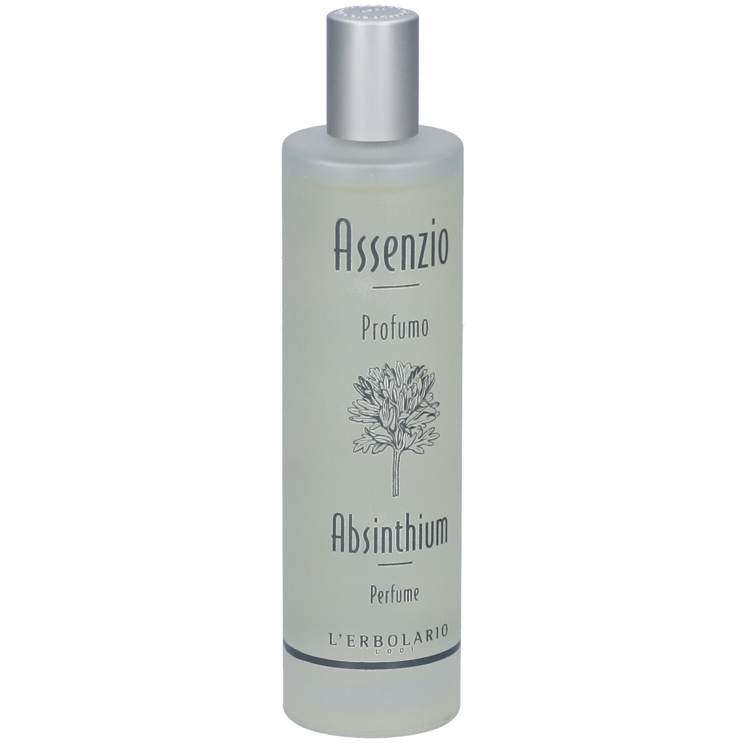 Eine Glasflasche mit silbernem Verschluss, gefüllt mit hellem Parfüm. Das Etikett zeigt 'Assenzio Profumo Absinthium' und eine stilisierte Pflanze.