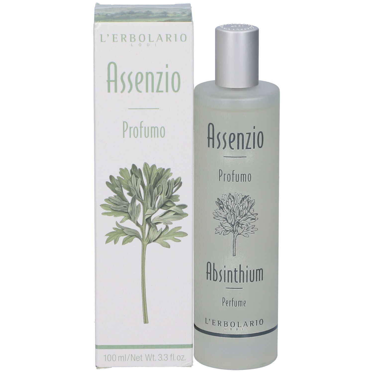 L'Erbolario Assenzio Profumo Flasche und Karton mit Pflanzenmotiv.