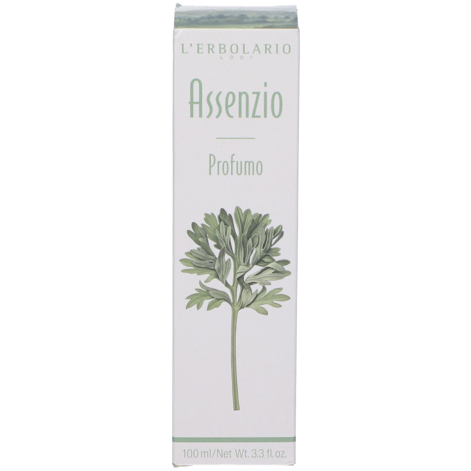 Verpackung für L'Erbolario Assenzio Profumo, 100 ml. Zeigt eine Pflanze.