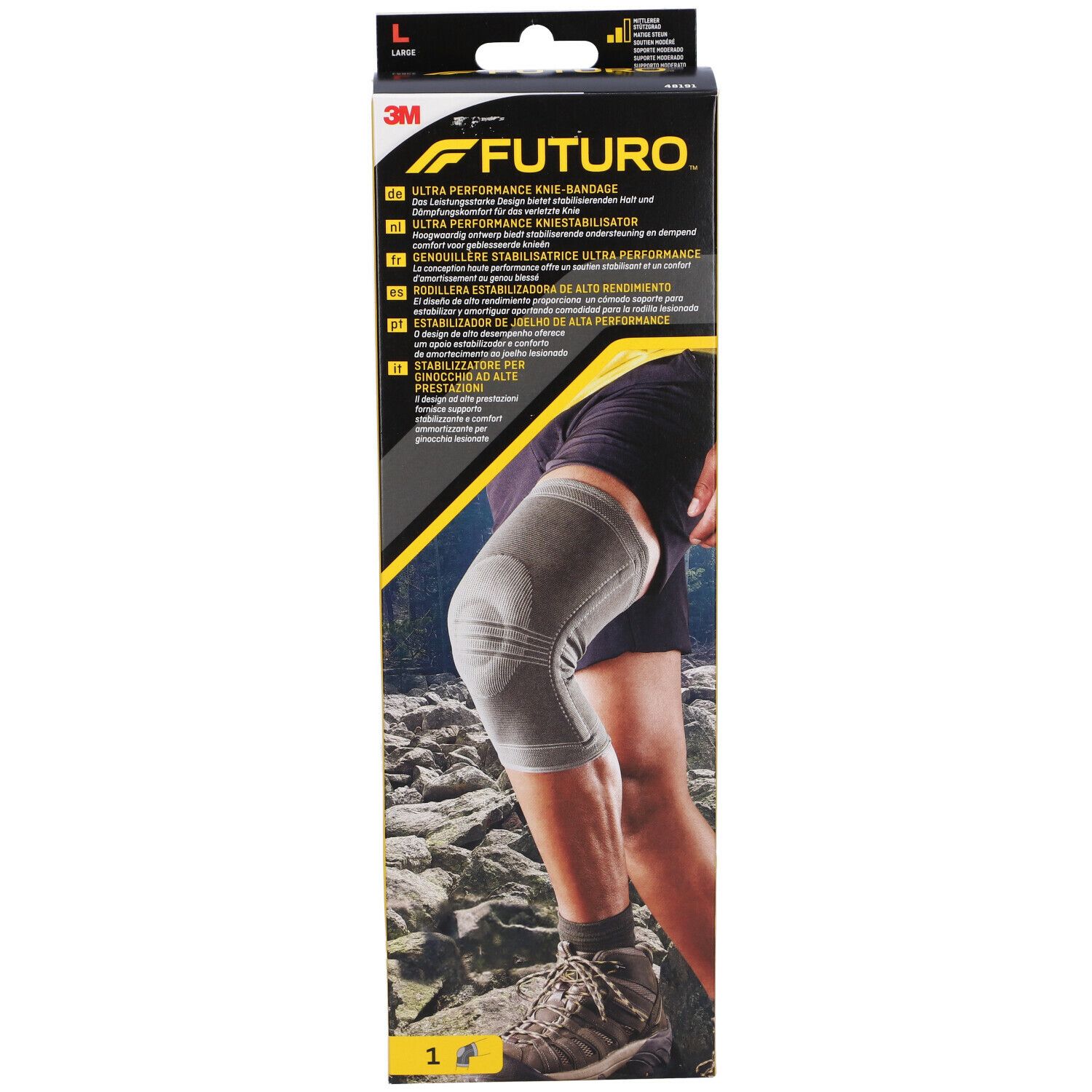 FUTURO™ Stabilizzatore per ginocchio, taglia L, in confezione. Ginocchiera grigia sul ginocchio di una persona. Logo FUTURO™ e 3M visibili.