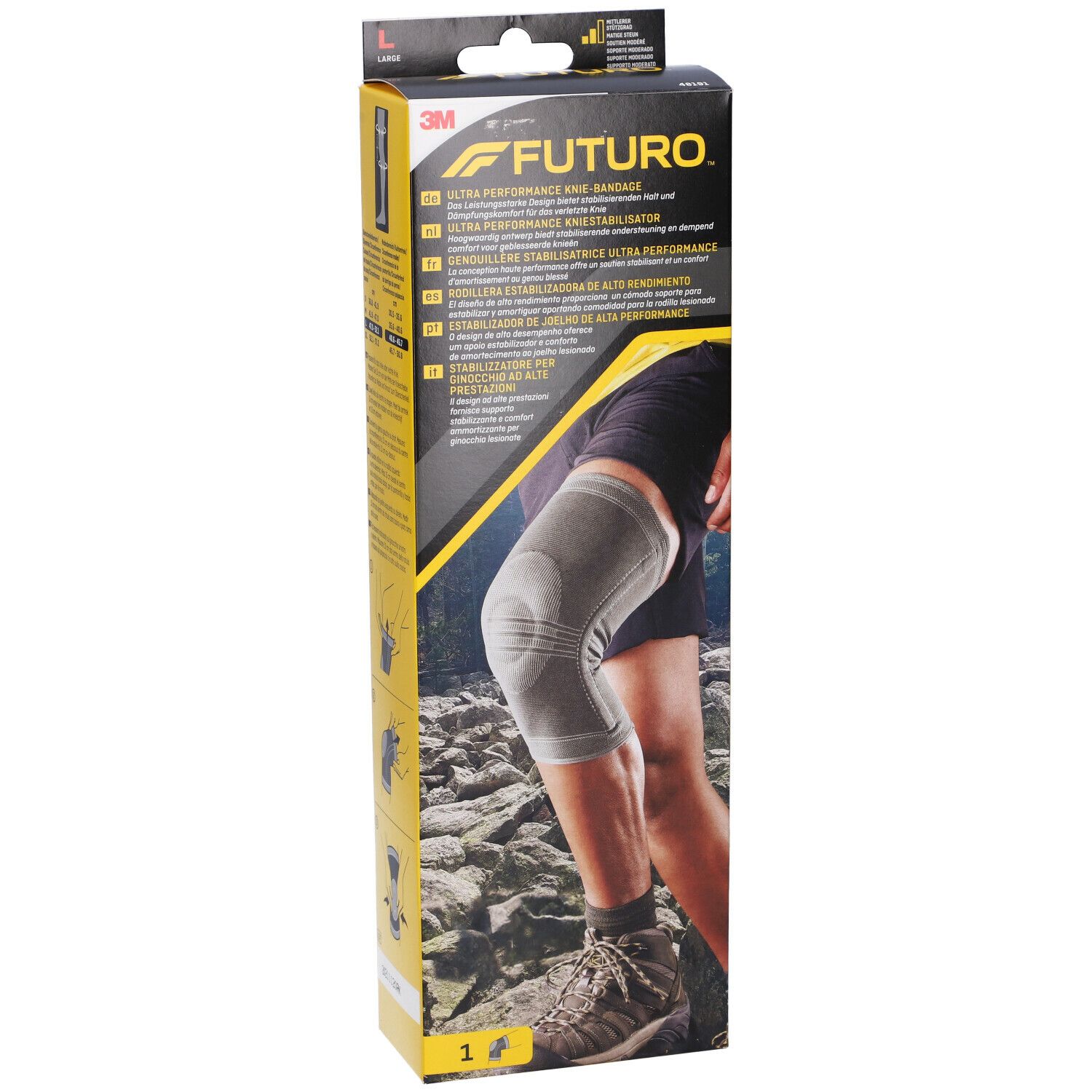 FUTURO™ Stabilizzatore per ginocchio, taglia L, in confezione. Ginocchiera grigia sul ginocchio di una persona. Logo FUTURO™ e 3M visibili.