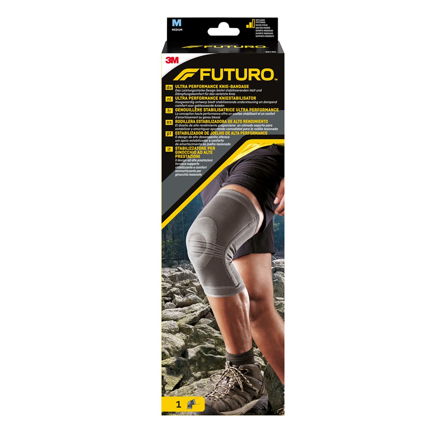 Ginocchiera FUTURO™ taglia M indossata. Confezione con nome del prodotto e logo 3M.