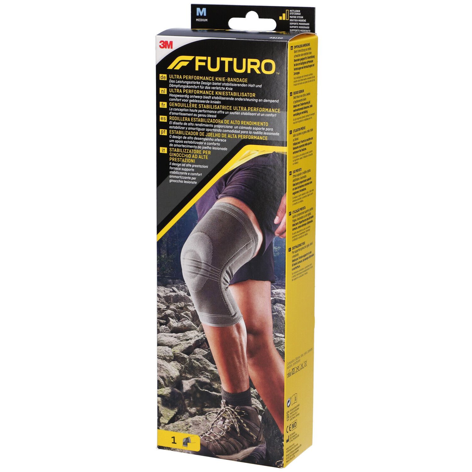 Ginocchiera FUTURO™ taglia M indossata. Confezione con nome del prodotto e logo 3M.