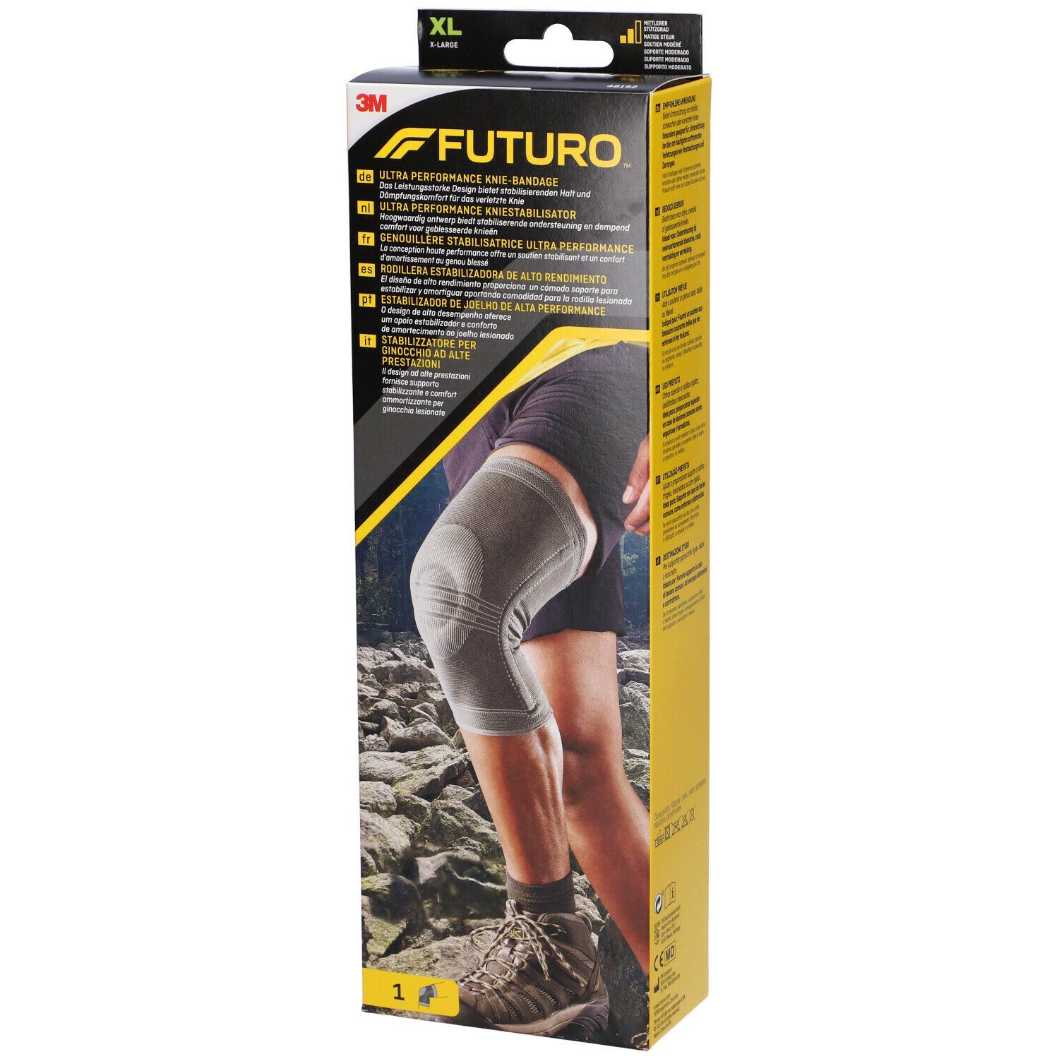 FUTURO™ Stabilizzatore per ginocchio, XL. Confezione mostra la ginocchiera sulla gamba. Confezione giallo-nera con nome e logo.
