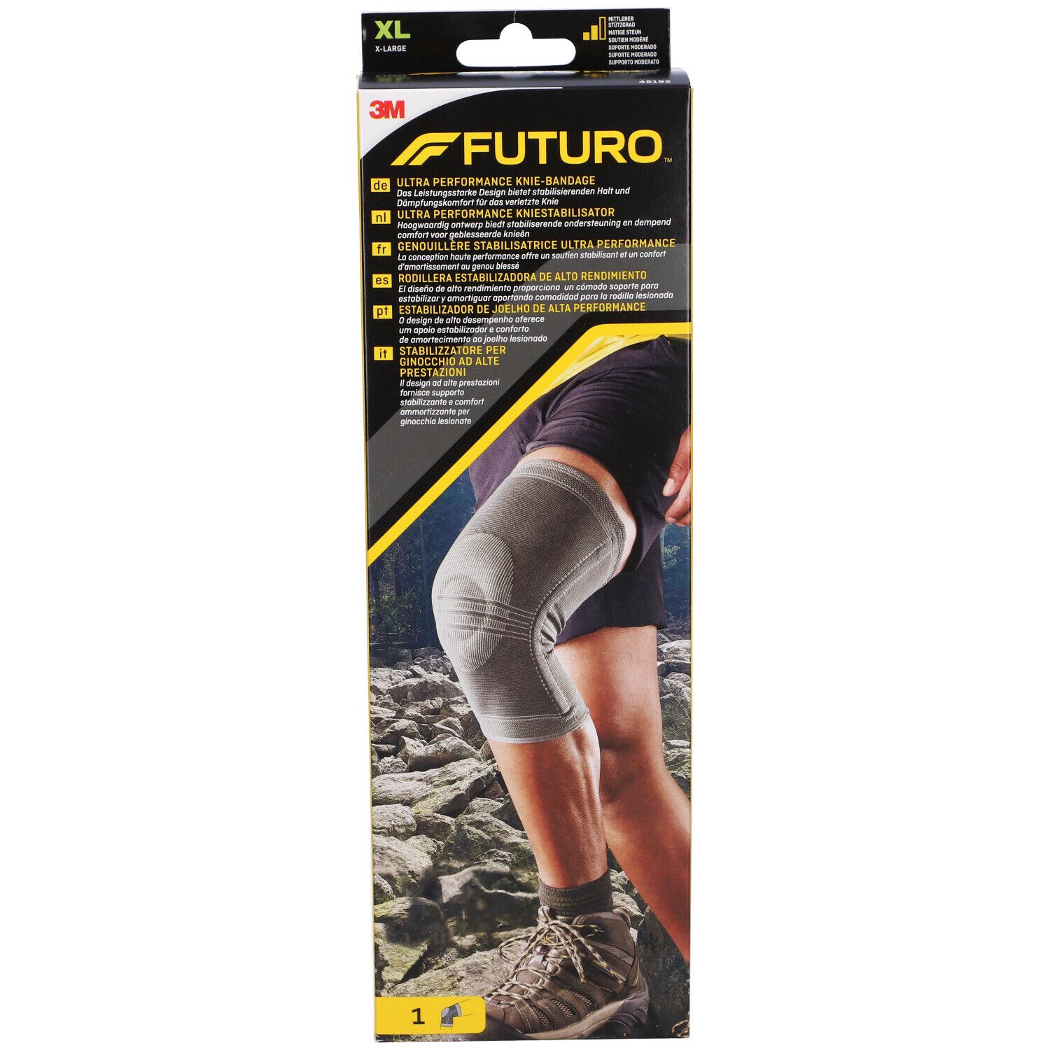 FUTURO™ Stabilizzatore per ginocchio, XL. Confezione mostra la ginocchiera sulla gamba. Confezione giallo-nera con nome e logo.