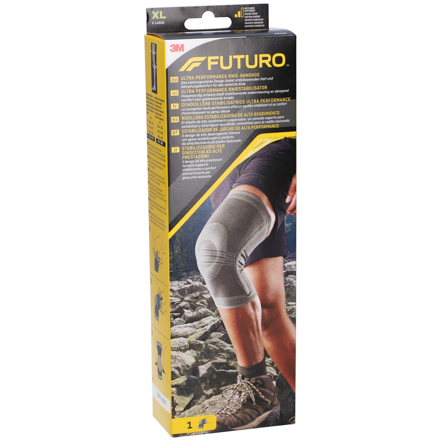 FUTURO™ Stabilizzatore per ginocchio, XL. Confezione mostra la ginocchiera sulla gamba. Confezione giallo-nera con nome e logo.