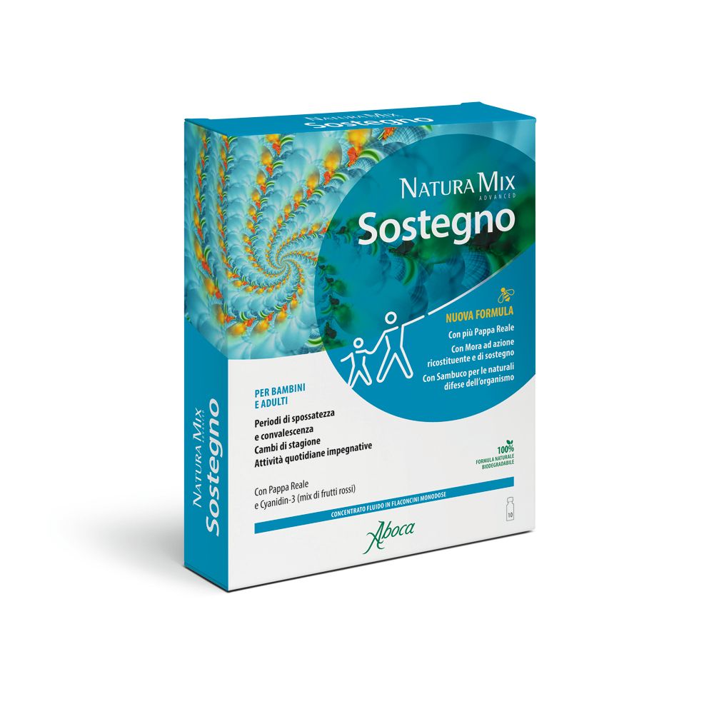 Scatola blu e bianca con logo e nome del prodotto. Testo: Sostegno, per bambini e adulti. Logo Aboca.