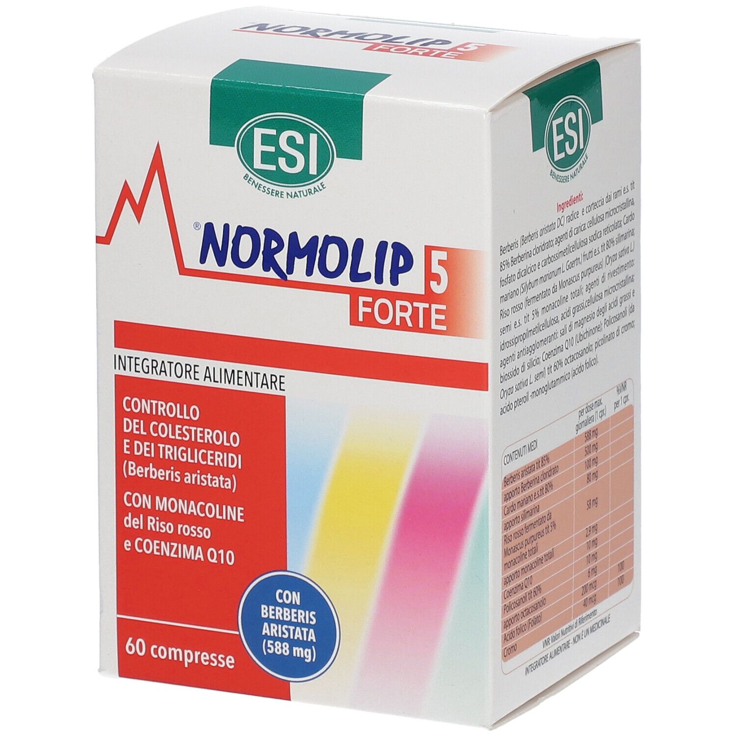 ESI Normolip 5 Forte. Weiße Schachtel mit Produktinformationen. Enthält 60 Tabletten. ESI-Logo oben.