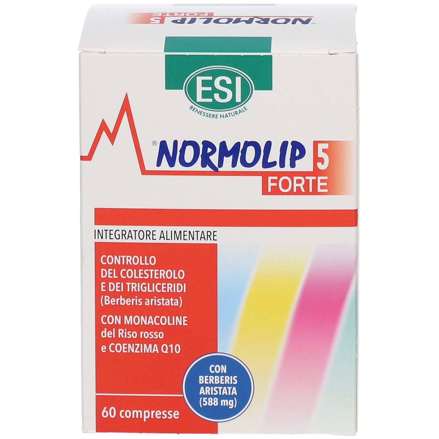 ESI Normolip 5 Forte. Weiße Schachtel mit Produktinformationen. Enthält 60 Tabletten. ESI-Logo oben.
