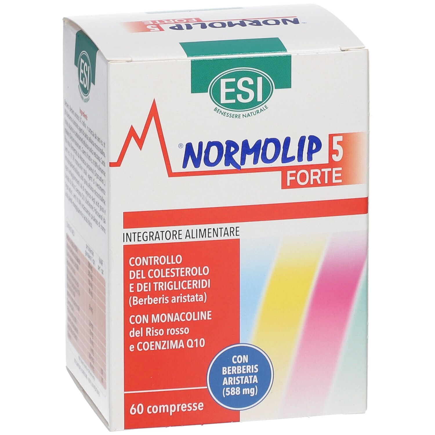 ESI Normolip 5 Forte. Weiße Schachtel mit Produktinformationen. Enthält 60 Tabletten. ESI-Logo oben.