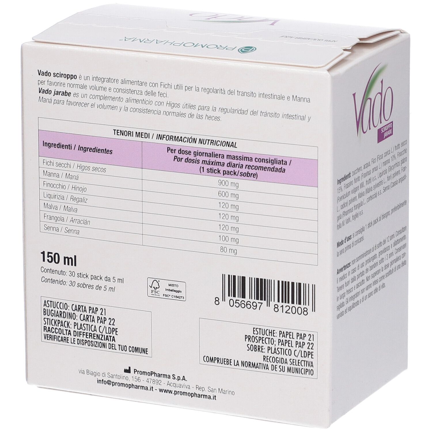 Vado Sciroppo Stick Packung, Seite mit Nährwertangaben und Produktinformationen. 150 ml.
