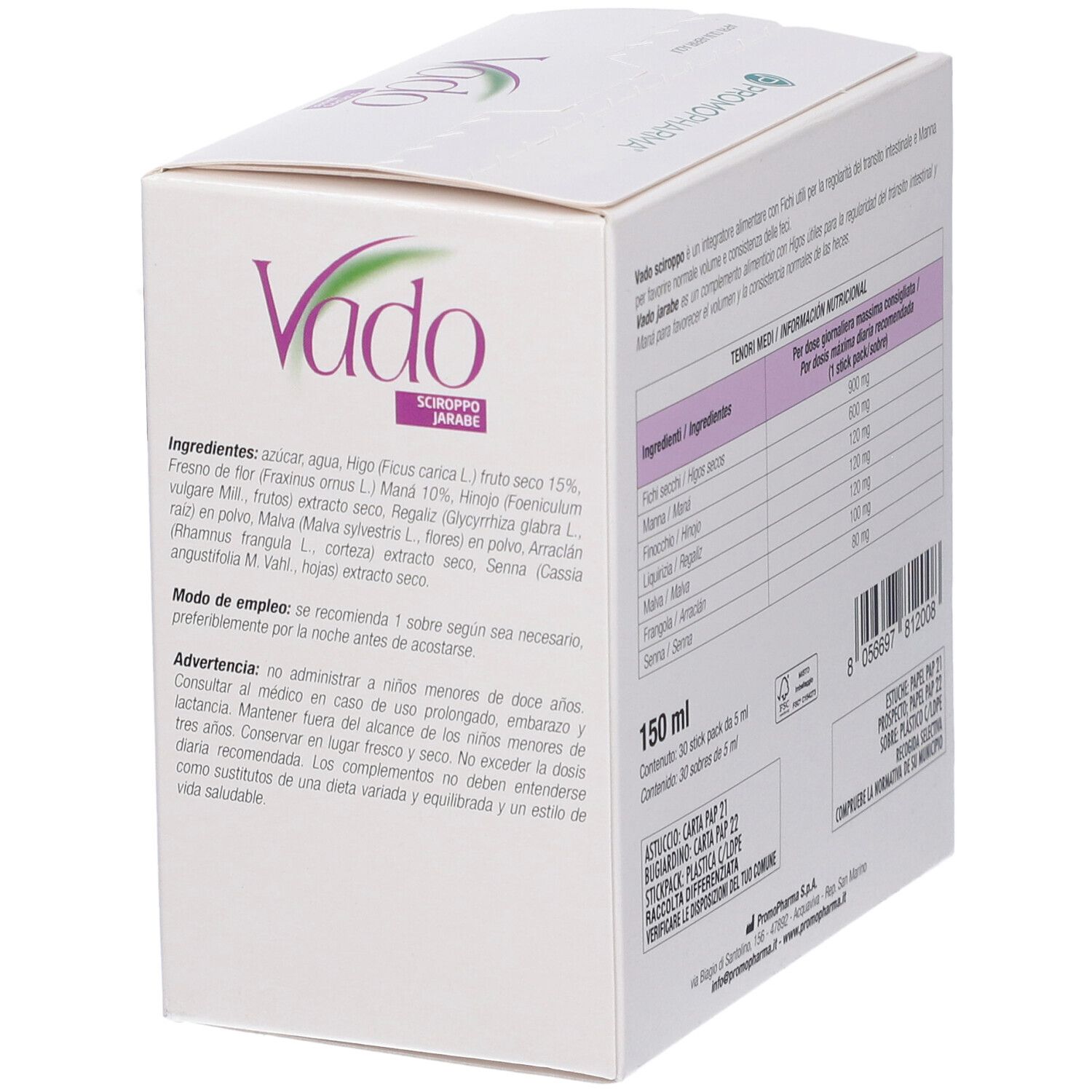 Vado Sciroppo Stick Packung, Seite mit Anwendungshinweisen und Produktinformationen. 150 ml.