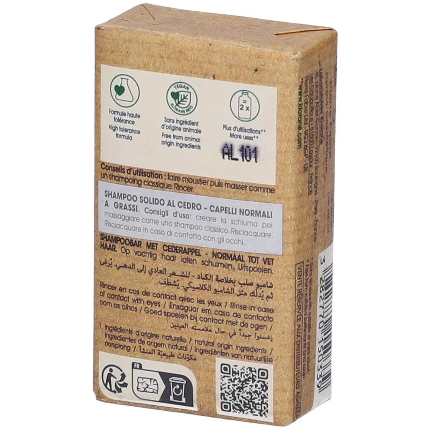 Shampoo solido Klorane in confezione marrone. Vista obliqua. Retro con informazioni e simboli.