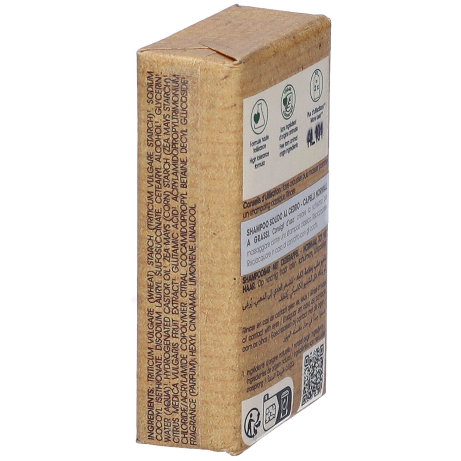 Shampoo solido Klorane in confezione marrone. Vista obliqua. Ingredienti e simboli sul retro.