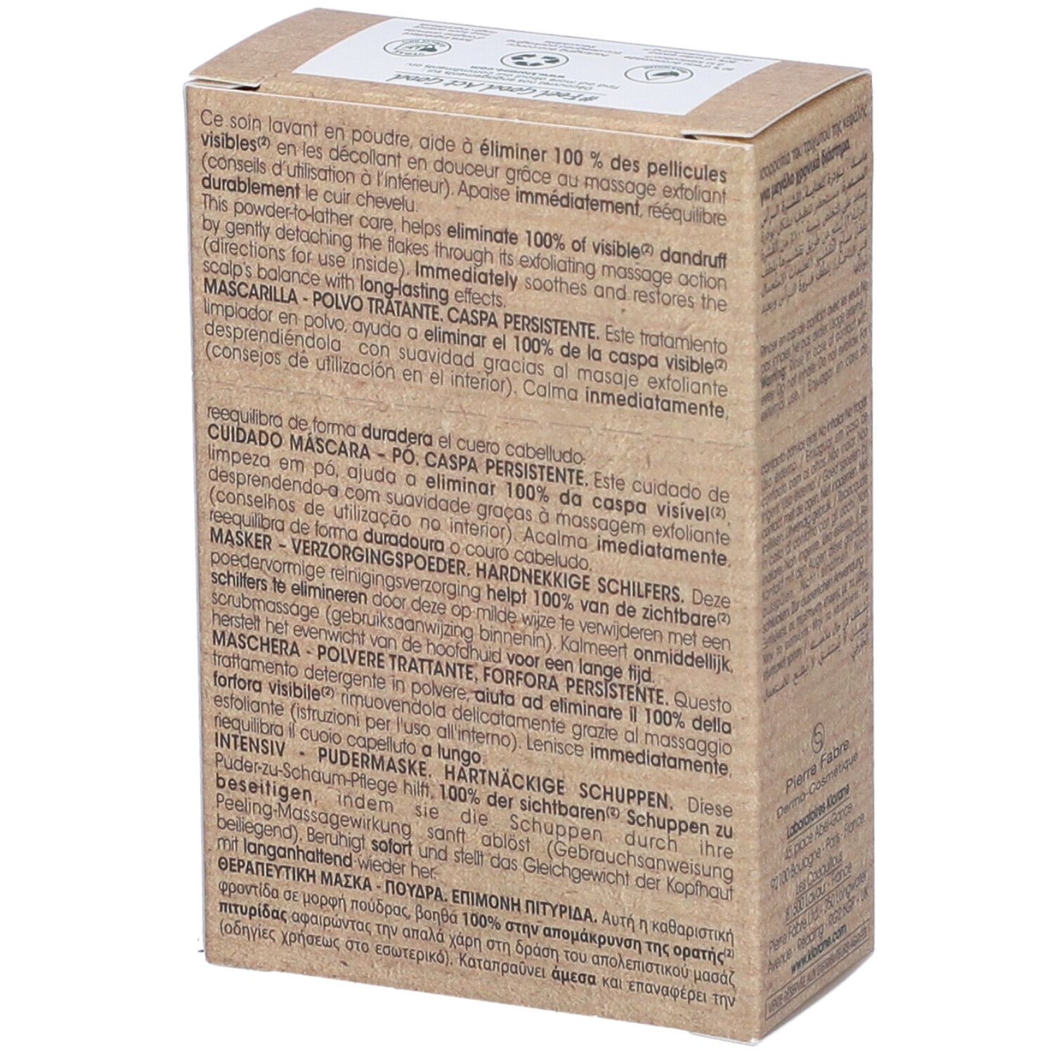 Rückseite der Klorane Maske in Pulverform Verpackung. Text in mehreren Sprachen. Produktinformationen und Inhaltsstoffe.