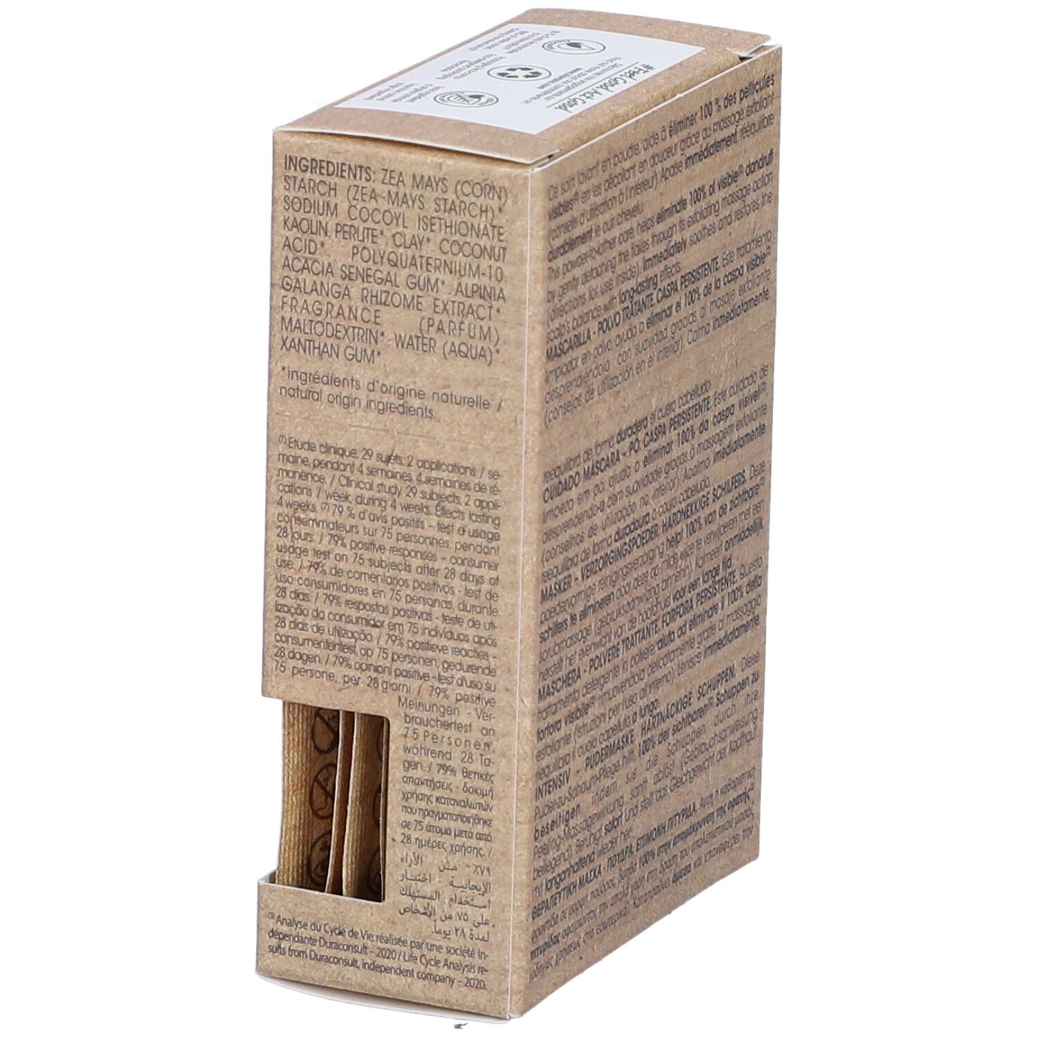 Klorane Maske in Pulverform Verpackung. Seite mit Inhaltsstoffen und Produktinformationen. Text in mehreren Sprachen.