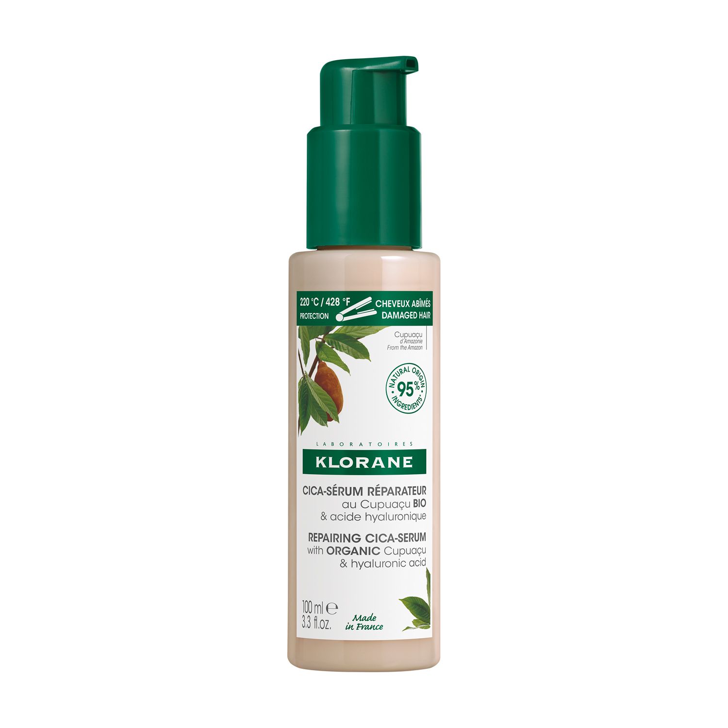 Flacone beige con erogatore verde. Etichetta con nome del prodotto e logo. 95% ingredienti di origine naturale.