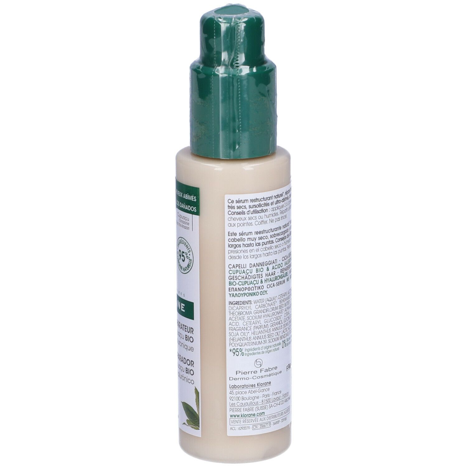Retro del flacone. Testo multilingue. Informazioni sugli ingredienti e sul produttore.