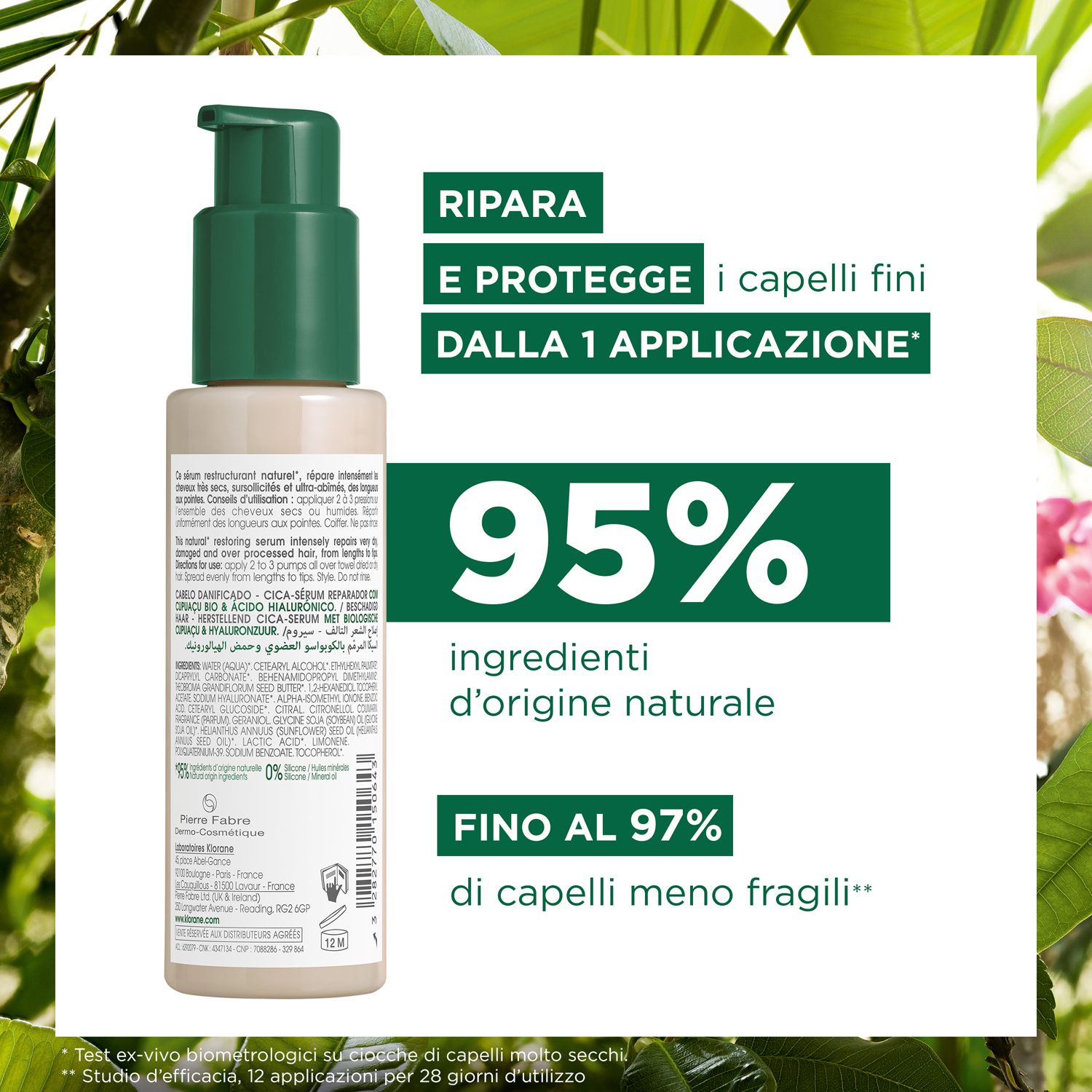 Flacone con erogatore verde. Testo: 95% ingredienti naturali. Testo: Ripara e protegge i capelli.