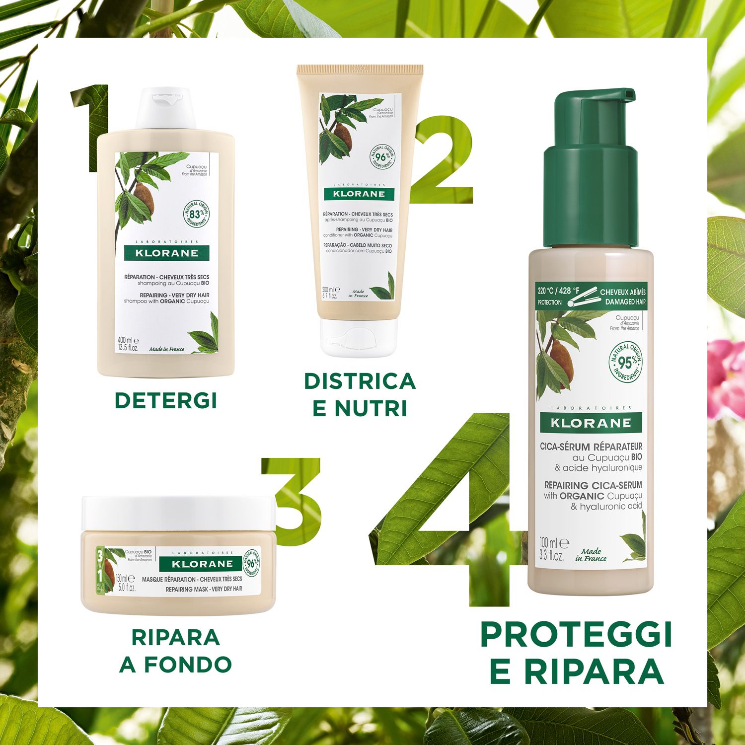 Quattro prodotti: shampoo, balsamo, crema e siero. Tutti con logo e nome. Piante verdi sullo sfondo.