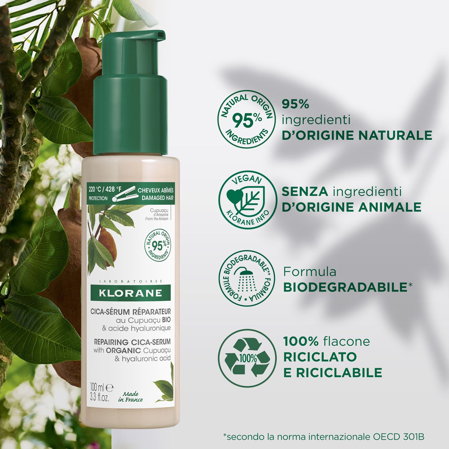Flacone con erogatore verde. Testo: 95% ingredienti naturali, vegano, biodegradabile, riciclabile.