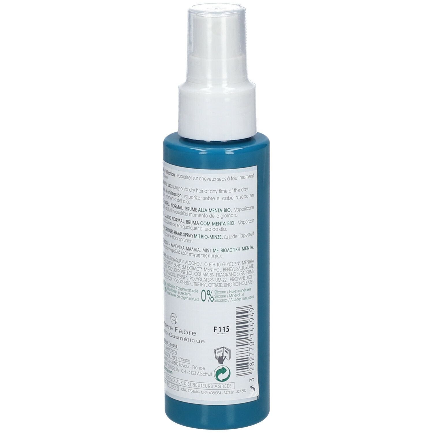 Retro del flacone spray. Testo con informazioni prodotto, ingredienti e dati del produttore.